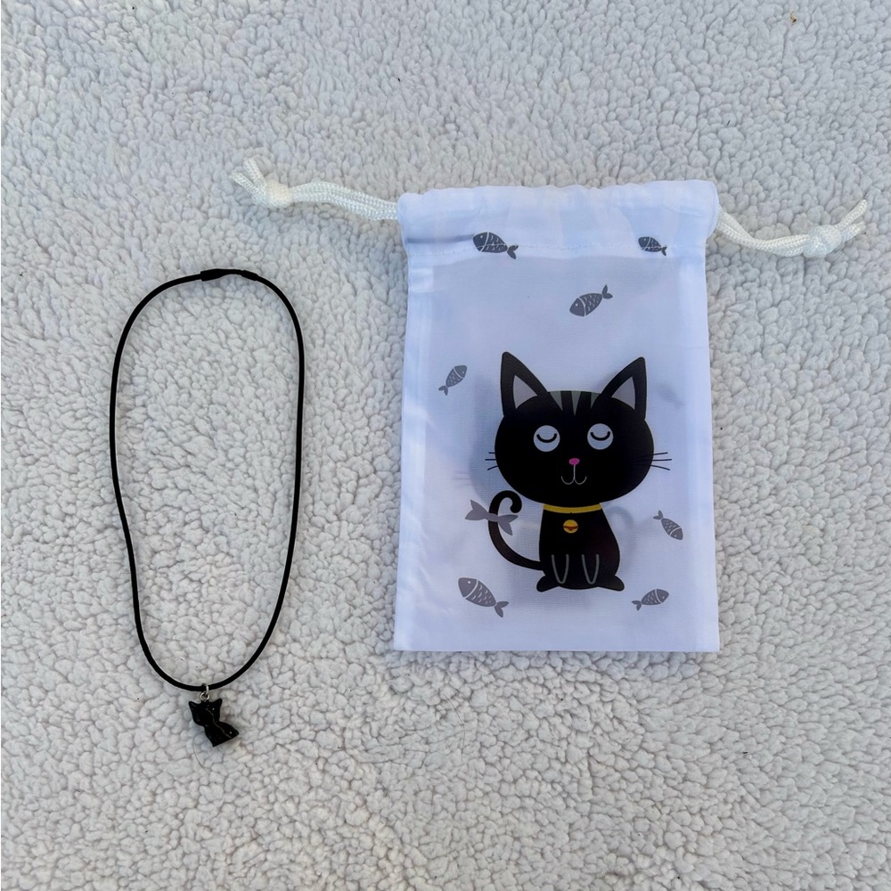 Halloween Black Cat Necklace Kitty Cat White Pouch Jewelry